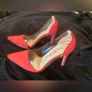 Penny Loves Kenny, Red Faux Suede Pumps with 4 1/2” heel. Sz 9 1/2.